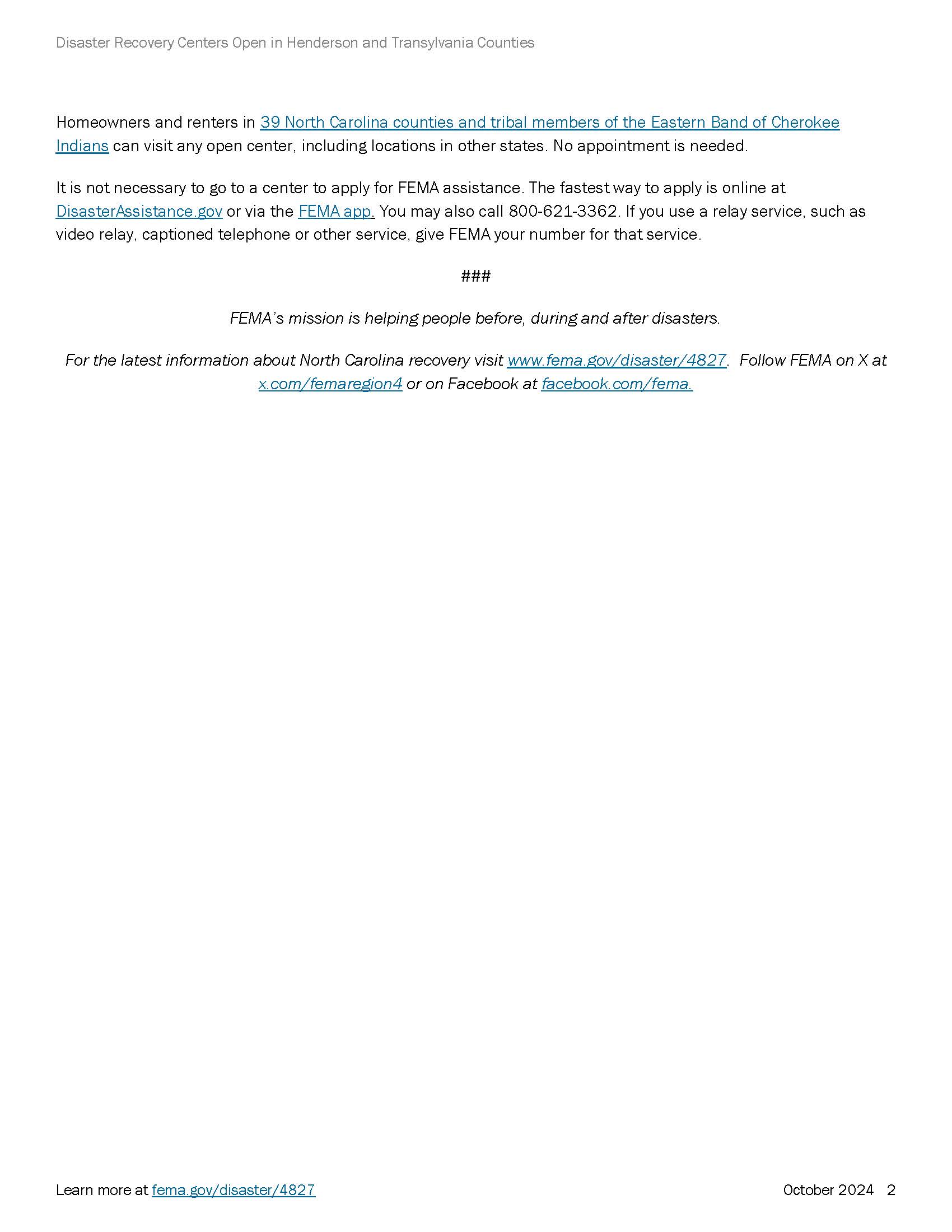 Disaster Recovery Centers Open in Henderson and Transylvania Counties